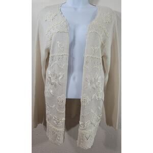 Rue 21 Cream Open Front Embroidered Cardigan Sweater Small Lightweight Soft